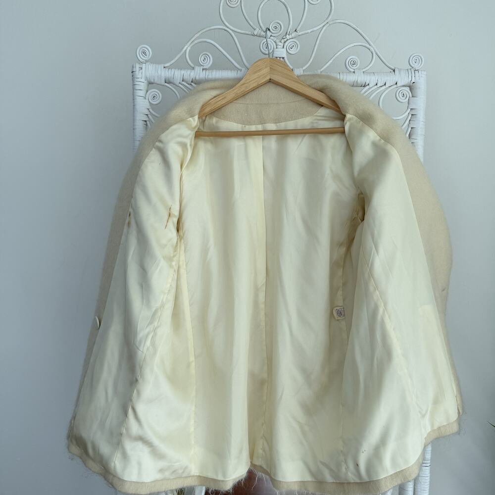 Vintage Fuzzy Mohair Coat Womens M/L Cream Double Breasted Military USA Made 80s - Picture 7 of 10